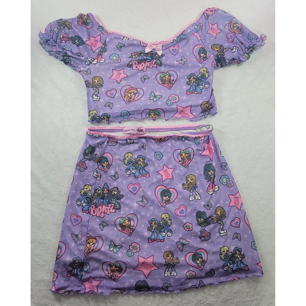 Dolls Kill Bratz Pink Mesh Skirt Set Graphic Short Sleeve Crop Top & Mini Skirt